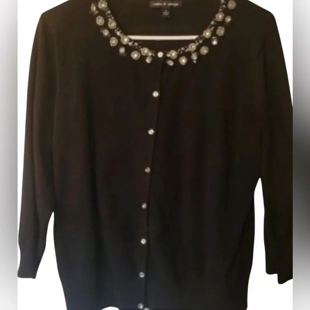 Cable & gauge dark charcoal, gray cardigan, embellished with beautiful bling XL
